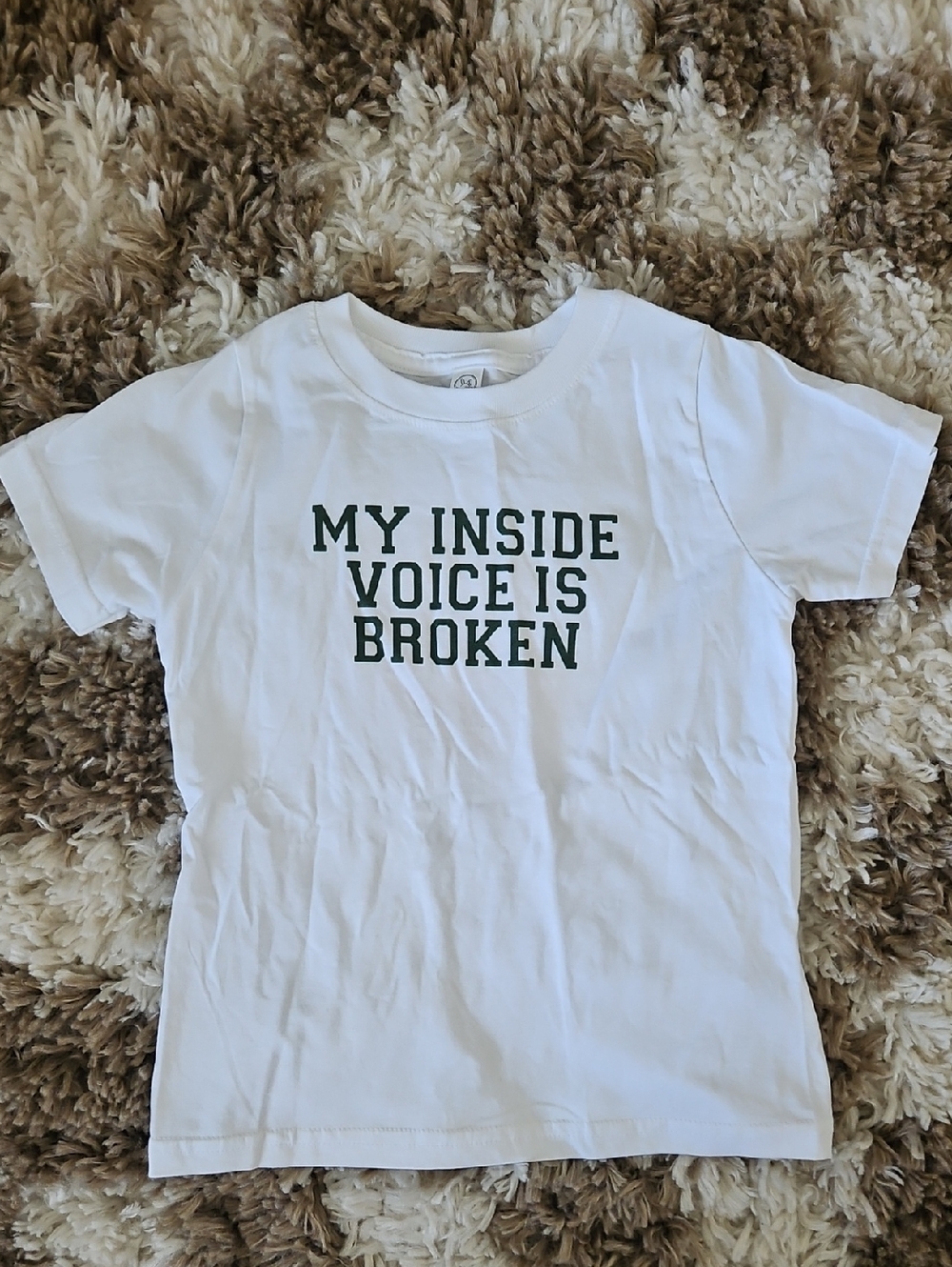 White Kids T‑Shirt with Green Text - 'My Inside Voice Is Broken'